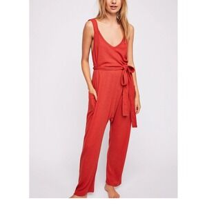 Free People Women's Jumpsuit Sleeveless Orange Waffle Knit Belted Pockets. Large